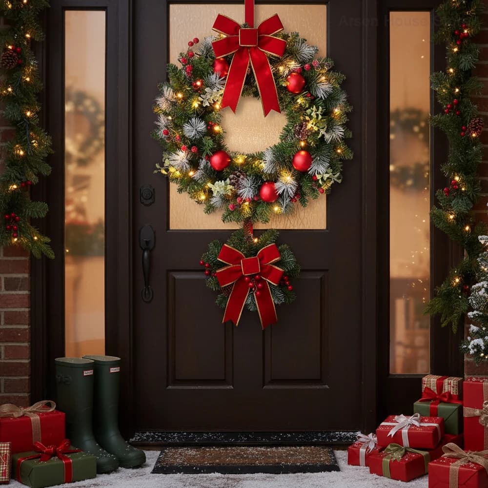 Wieniec świąteczny z diodami LED, sztuczna girlanda z szyszkami i czerwonymi jagodami, świąteczne lampki na drzwi wejściowe, dekoracje ścienne