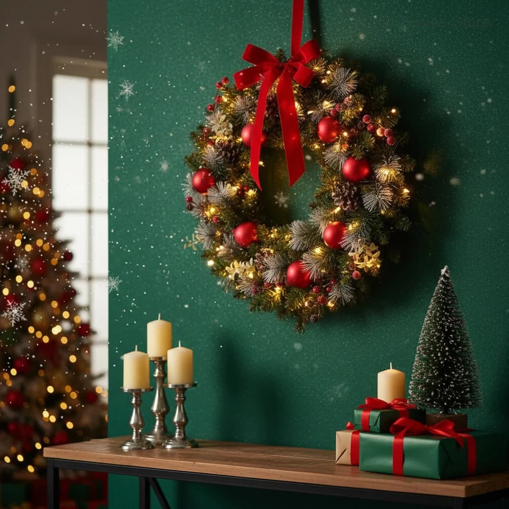 Wieniec świąteczny z diodami LED, sztuczna girlanda z szyszkami i czerwonymi jagodami, świąteczne lampki na drzwi wejściowe, dekoracje ścienne