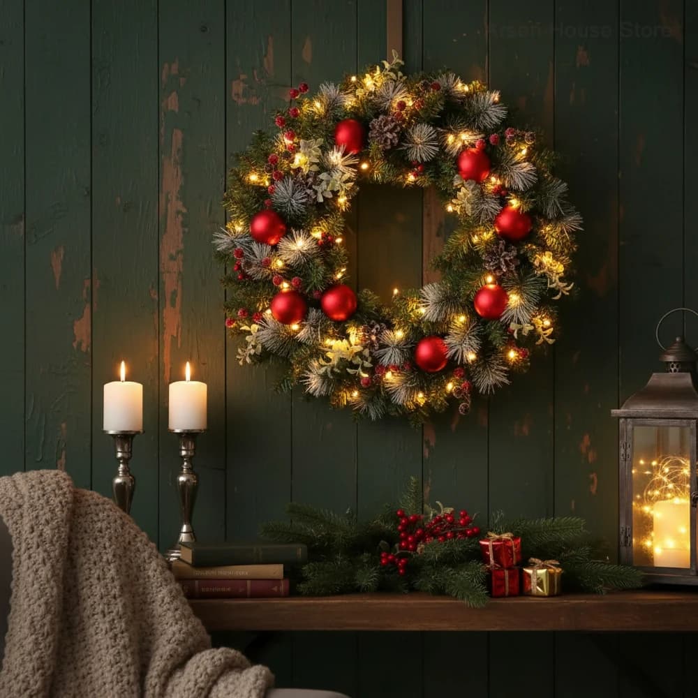 Wieniec świąteczny z diodami LED, sztuczna girlanda z szyszkami i czerwonymi jagodami, świąteczne lampki na drzwi wejściowe, dekoracje ścienne